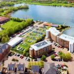 Aerial view of Caldecotte Lake rental property