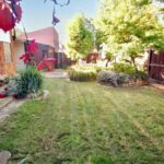 Back garden of Milton Keynes rental property with various plants and freshly trimmed grass