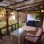 Covered seating area in back garden of Milton Keynes rental property with sofa, chairs and table