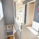 Hallway with grey painted walls and cream carpet in Milton Keynes rental property